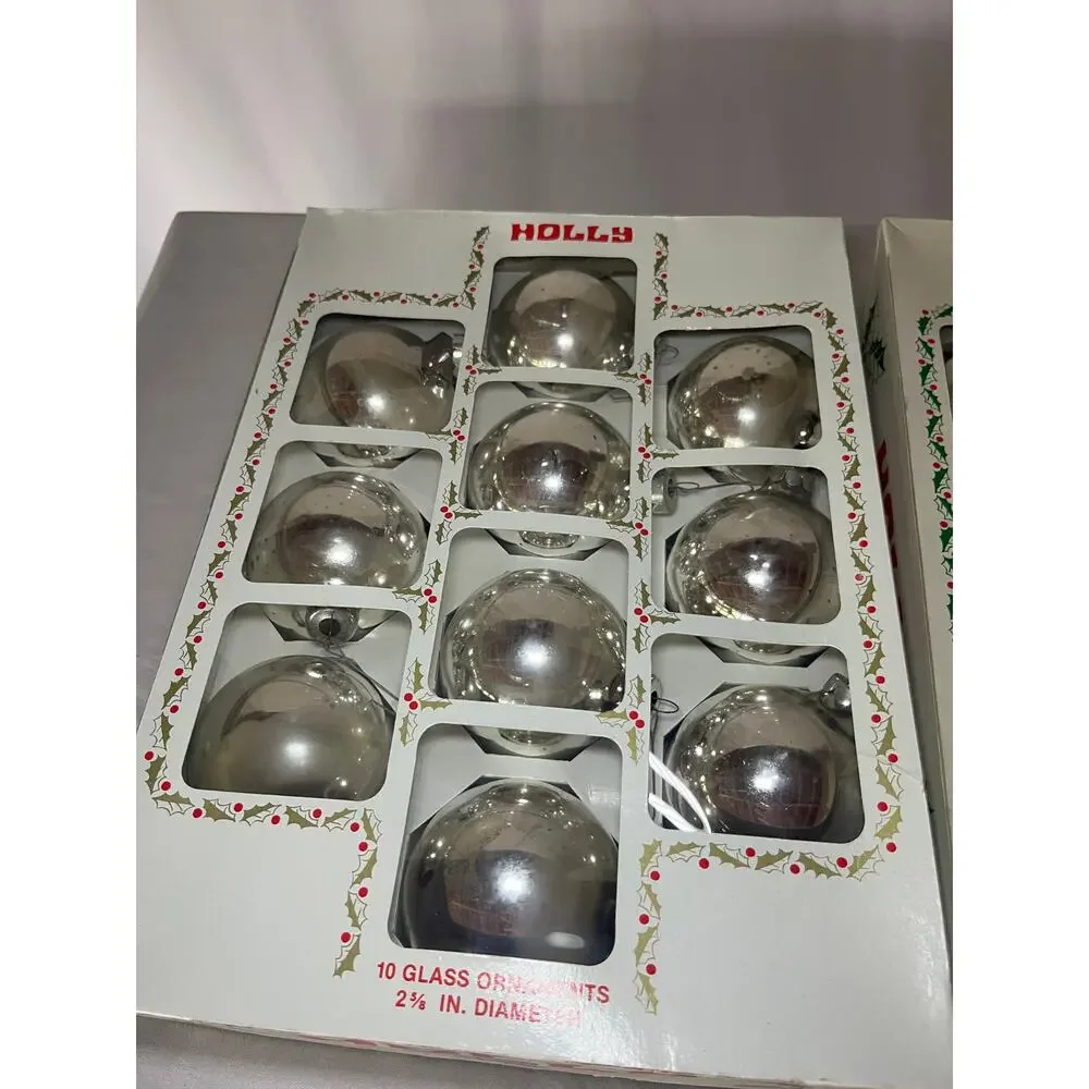 Vintage Holly Glass Christmas Ornaments 2 Boxes of 10 Large 2 5/8 in USA